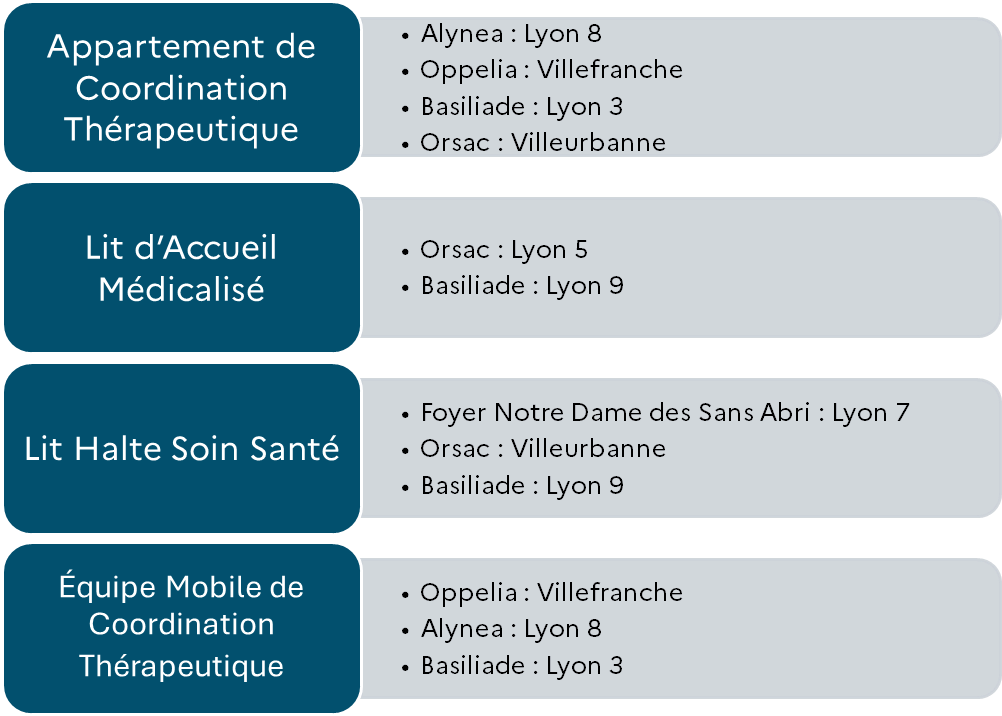 Appartement de Coordination Thérapeutique :
Alynea : Lyon 8
Oppelia : Villefranche
Basiliade : Lyon 3
Orsac : Villeurbanne
Lit d’Accueil Médicalisé :
Orsac : Lyon 5
Basiliade : Lyon 9
Lit Halte Soin Santé :
Foyer Notre Dame des Sans Abri : Lyon 7
Orsac : Villeurbanne
Basiliade : Lyon 9
Équipe Mobile de Coordination Thérapeutique :
Oppelia : Villefranche
Alynea : Lyon 8
Basiliade : Lyon 3